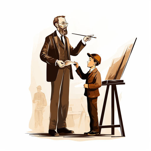 Teacher and student clipart in the style of Chiaroscuro Art, on a white background