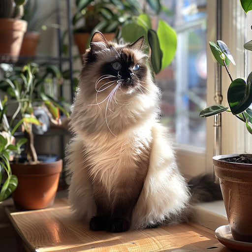 Himalayan cat sitting by a sunny window with plants in the background