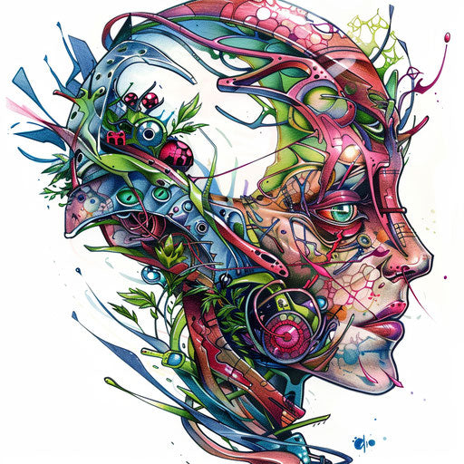 Biomechanical tattoo design, organic and mechanical elements, vibrant colors, white background