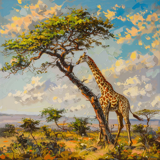 Giraffe reaching for high leaves in lush savanna
