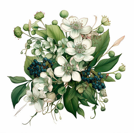 Flowers and berries in aurorapunk style, light white and dark green