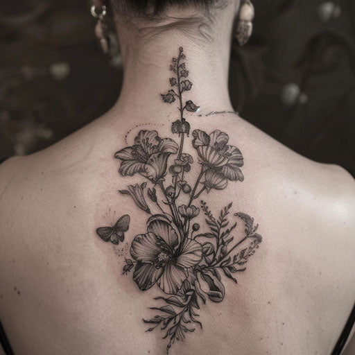 Strength tattoo with botanical details