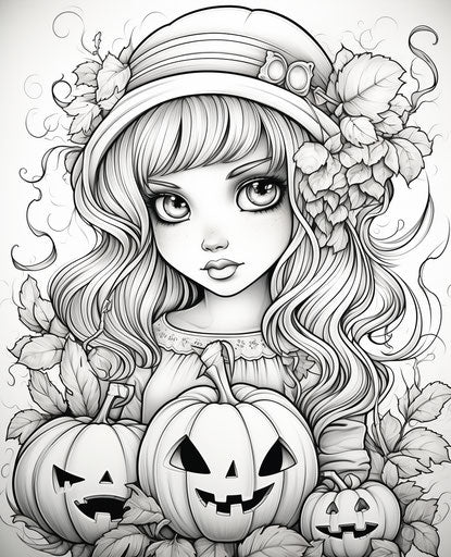 Halloween girl with apples and pumpkins coloring page