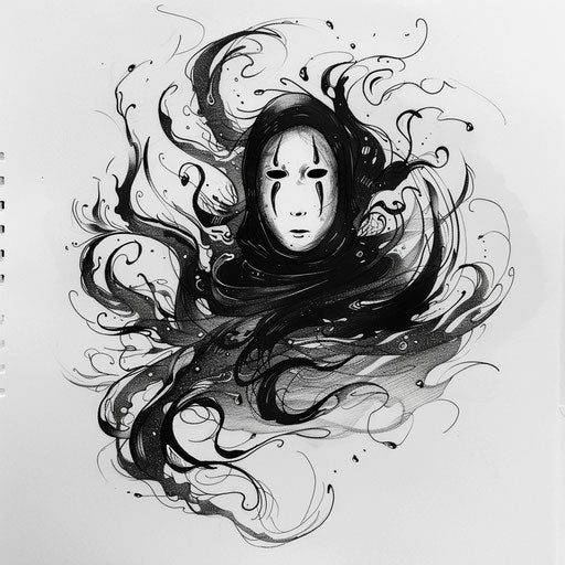 Energetic flat tattoo sketch of No-Face with dynamic, swirling spirits around him