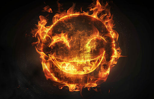 Smiling face with flames on black background