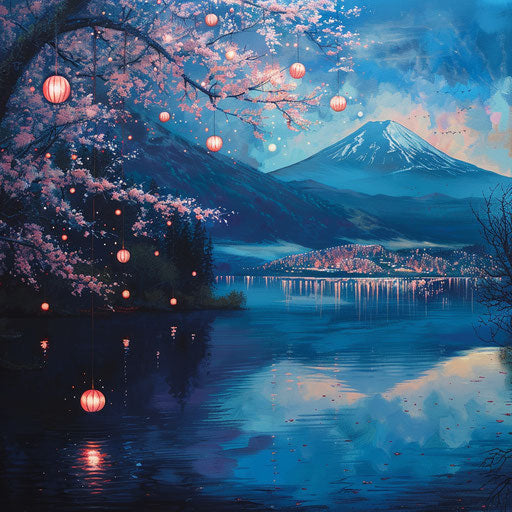 Painting of Mt Fuji, floating lanterns, shimmering lake, cherry blossom tree, aesthetic, serene