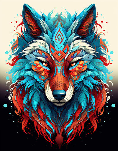 Tribal wolf head tattoo, dark red and light azure style