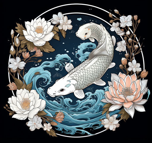 White lotus flower and two koi with blue and white waves, intricate black and white illustrations, cosmic symbolism, dark gray and light aquamarine