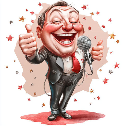 Humorous caricature of a microphone with human characteristics