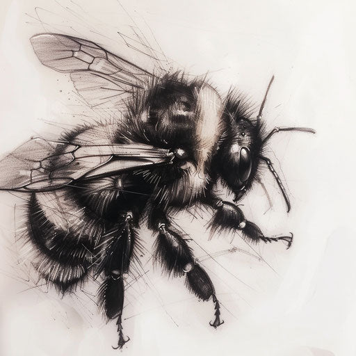 Bumble bee tattoo in a sketch style, capturing the dynamism and motion on white background