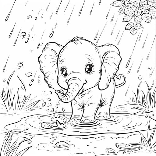 Baby elephant splashing in a puddle on a rainy day