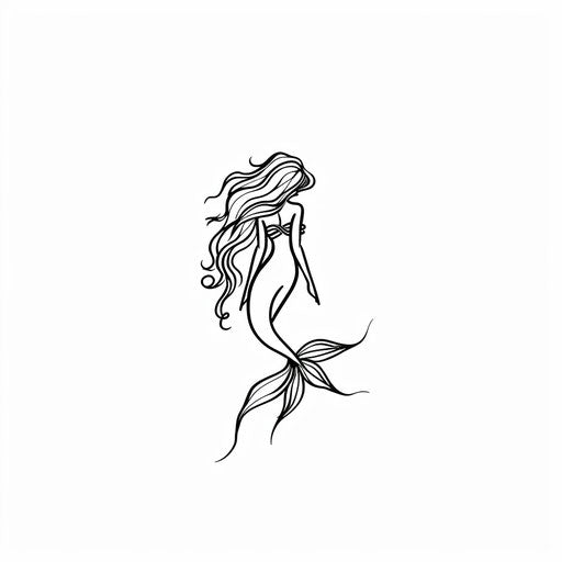 Elegant mermaid tattoo design in minimalist black line art style