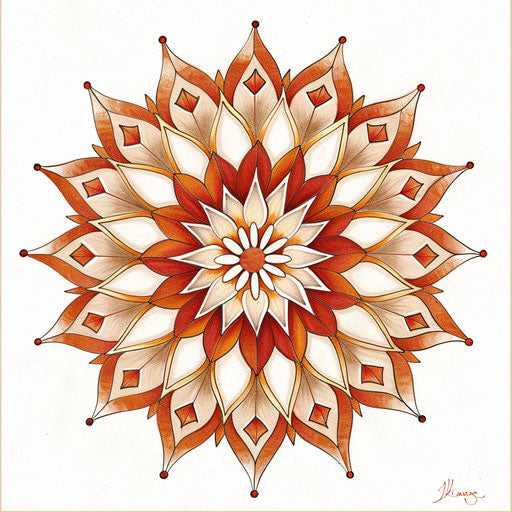Bohemian tattoo sketch of a mandala-inspired snowflake in clipart style, using warm reds and oranges
