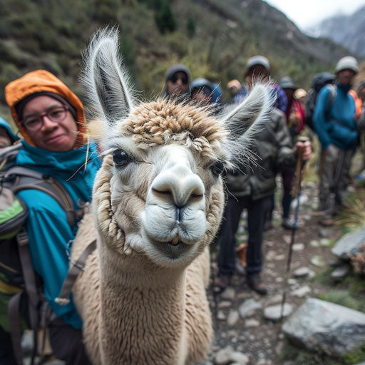 Humorous alpaca photobombing hikers, mischievous smile