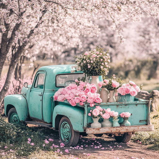 Vintage truck with pink roses, spring flowers