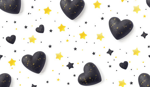 Black hearts and yellow stars on white background