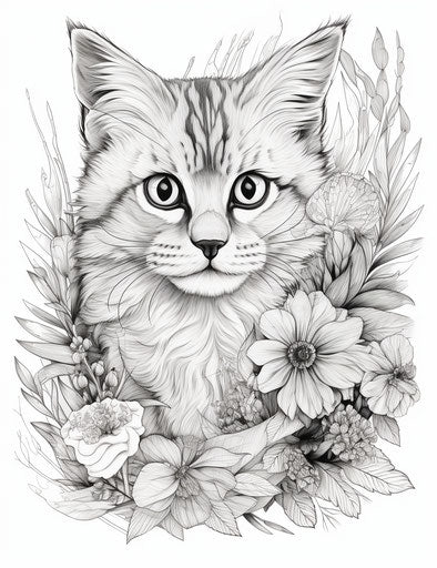 The cat on the flower leaves on a white page