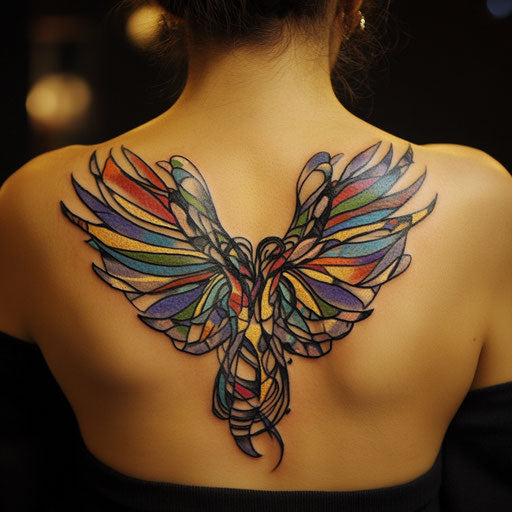 Wings tattoo on back with modern abstract wings