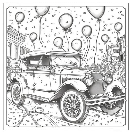 Car parade with balloons and streamers