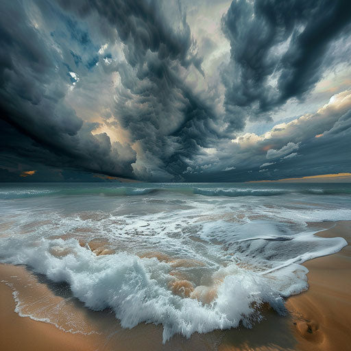 Storm clouds over a sandy beach with crashing waves