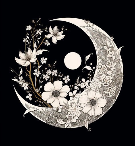 Black and white floral yin yang logo in white circle