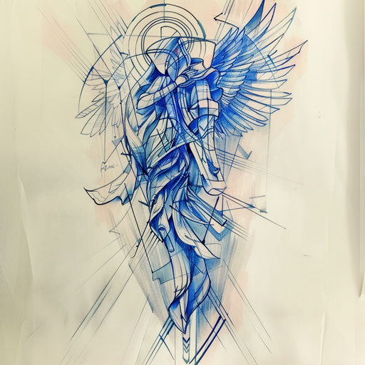Sleek tattoo sketch of the angel of death with a modern, geometric design, in shades of blue