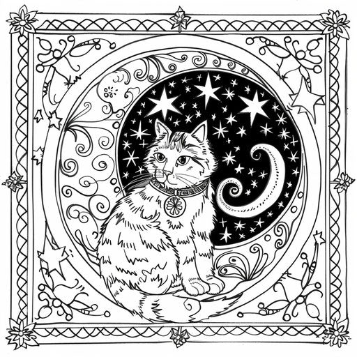 Whimsical cat on a crescent moon surrounded by stars