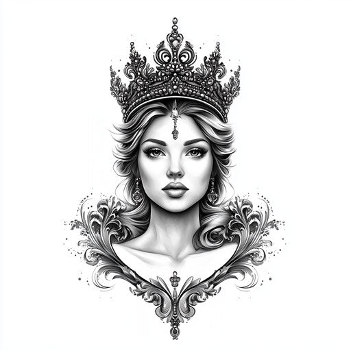 Queen tattoo with regal portrait in gray on white