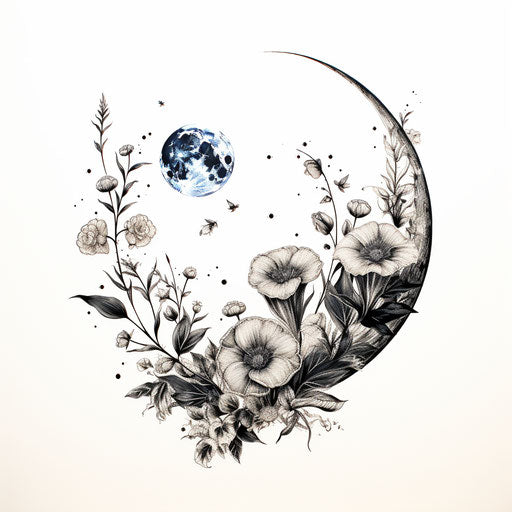 Inked flowers in the moon, exotic yet realistic stylized designs