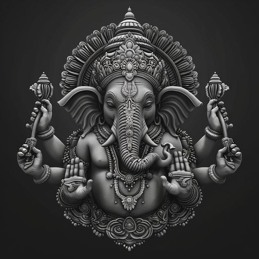 Vinayagar illustration in realistic style on flat, dark charcoal background, accentuating dramatic contrast and intricate detail