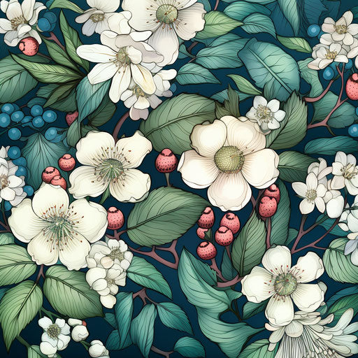Flowers and berries by Art by Asika, in the style of dark white and dark aquamarine
