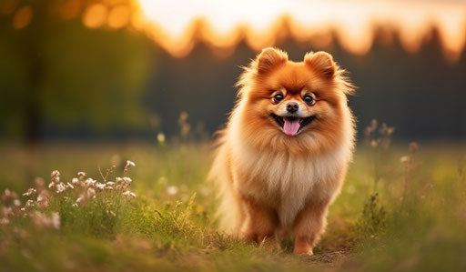 Pomeranian breed person pictures, dark orange and light green style