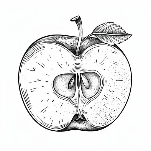 Apple sliced in half showing seeds and core. Coloring page