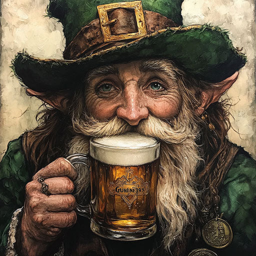 Leprechaun drinking beer, green hat with gold accents
