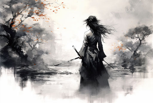 Sailor with sword in sumi-e style, ethereal trees