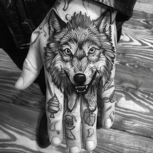 Hand tattoo designs of a wolf, in the style of David Palumbo