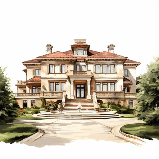 Mansion clipart in Oil painting style, on a white background