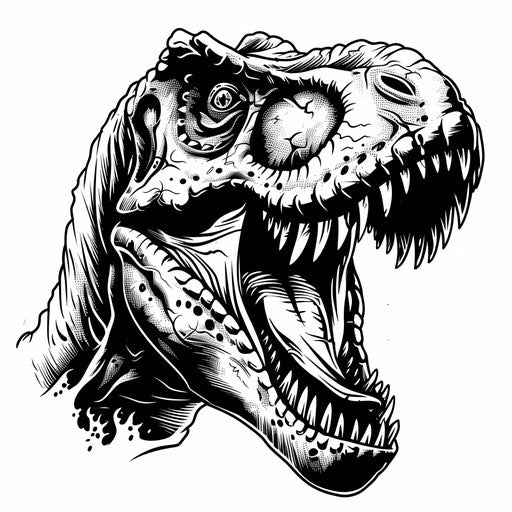 Traditional flat sketch of a fierce T. rex roar, black and white clipart style