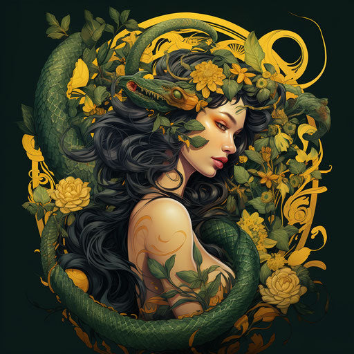 Girl with dragon on head, classic tattoo style