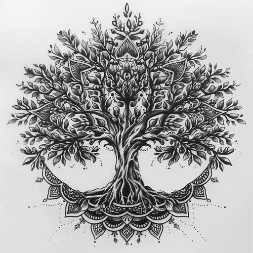 Mandala tree of life tattoo design, symmetry circles white