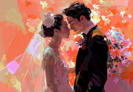 Groom and bride in animated gif style, 8k, loose gestures