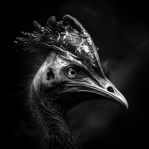 Cassowary in black and white, intense and dramatic