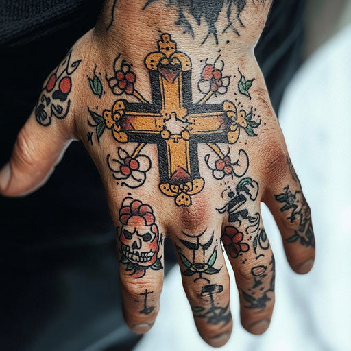 Cross tattoo on hand with pirate motifs