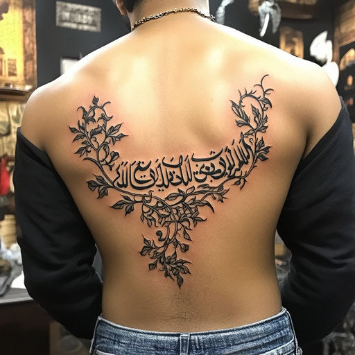 Arabic tattoo intertwined with vines on lower back
