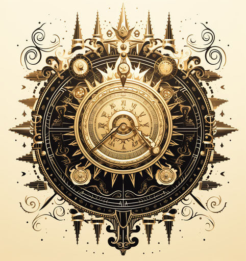 Clock with ornate symbols and sun in monochrome geometry