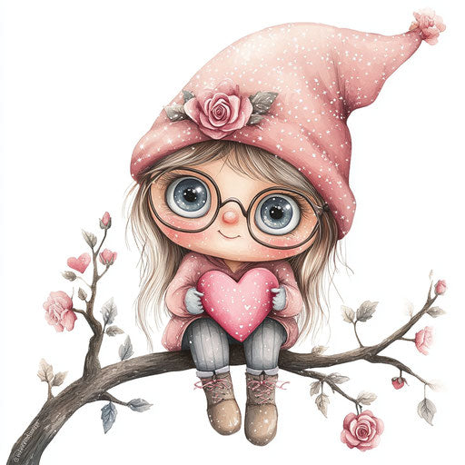 Adorable gnome girl pink roses heart glasses boots magic isolated white
