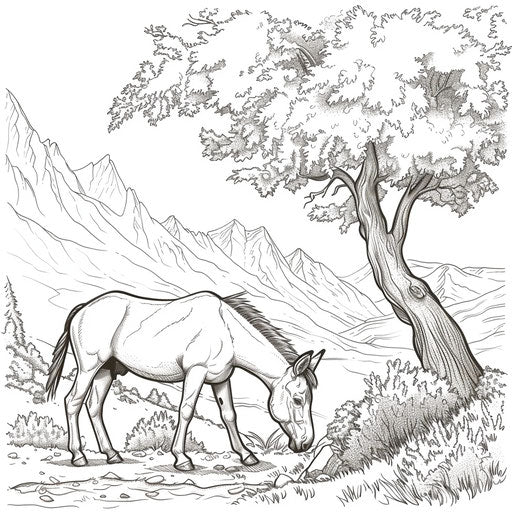 Donkey grazing under a tree with mountains in the background
