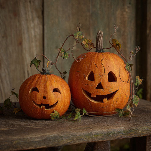 Friendly pumpkins with smiles and curling vines
