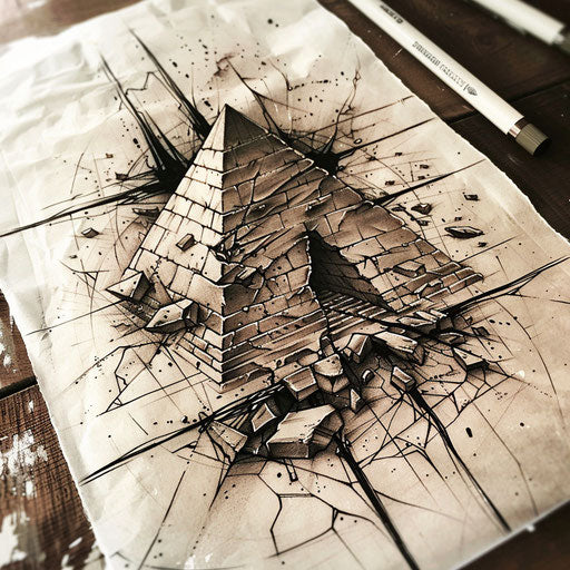 Dynamic tattoo sketch of a crumbling pyramid with action lines, earthy tones