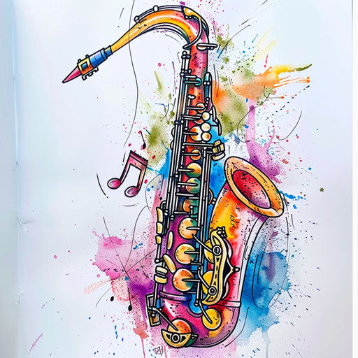 Jazz-inspired tattoo with saxophone and colorful notes